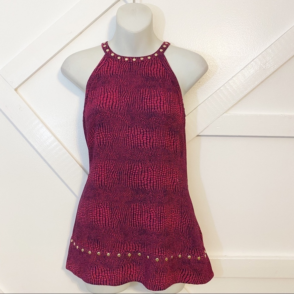 Michael Kors Reptile Print Gold Embellished Halter Sleeveless Blouse Pink Sz S